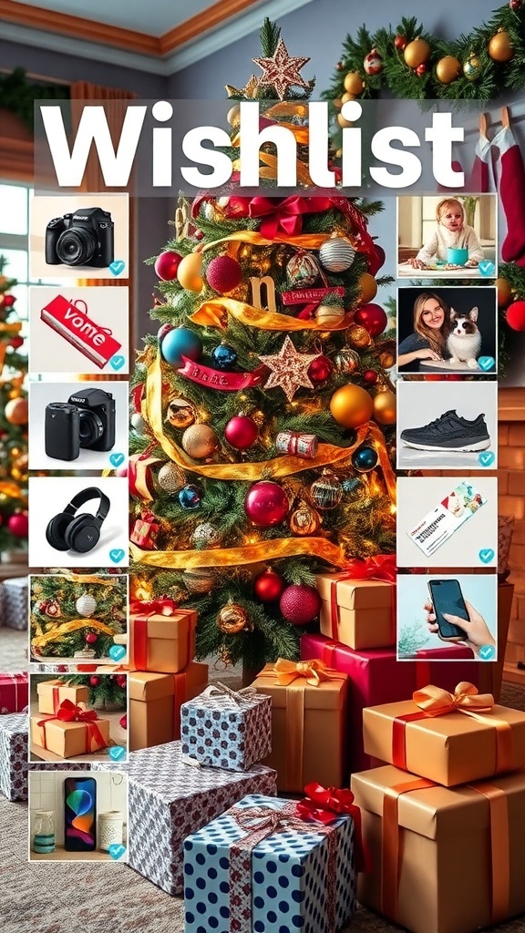 A Christmas tree with presents, showcasing a variety of wishlist items like gadgets, home decor, and experience gifts.